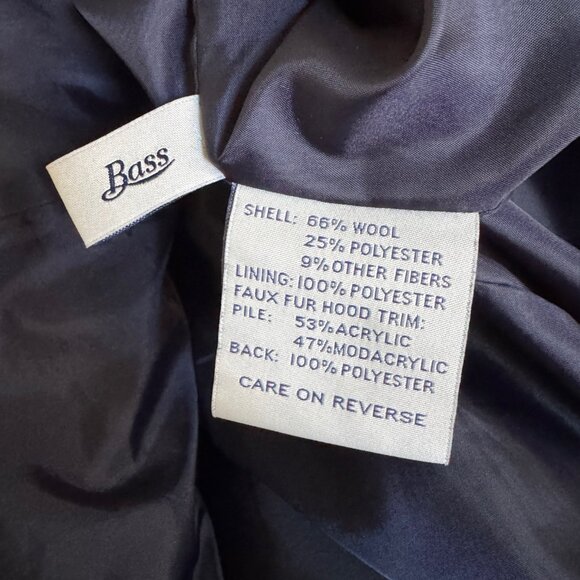 Womens Large BASS Navy Wool Jacket Coat Removable Faux Fur Hood Double Breasted - Picture 4 of 4